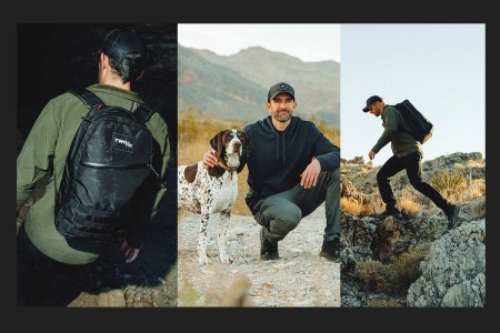 Side-by-side images featuring Michael Easter in various rugged scenes: kneeling with his dog, walking with his GoRuck, scrambling on rocks.