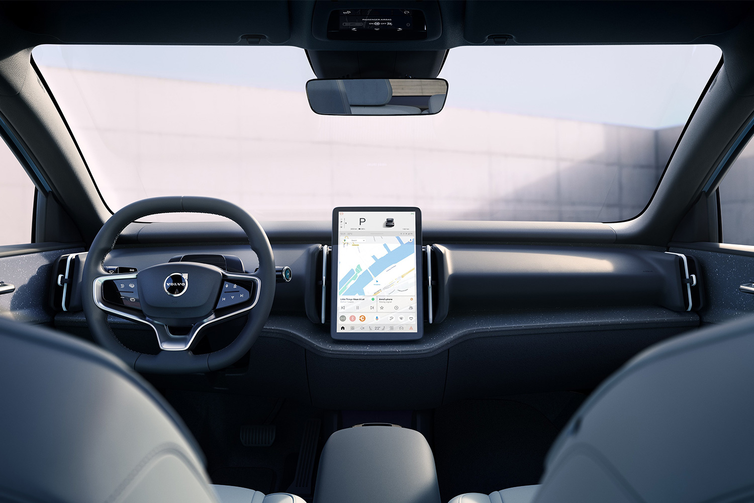The interior of the Volvo EX30 which, like Tesla EVs, doesn't have a gauge cluster