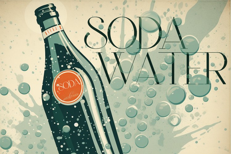 an illustration of a bottle of soda water with the text and bubbles behind it