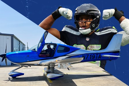 Above: Pharaoh Brown flexing in an NFL game: Below: Brown at the controls in a blue plane.