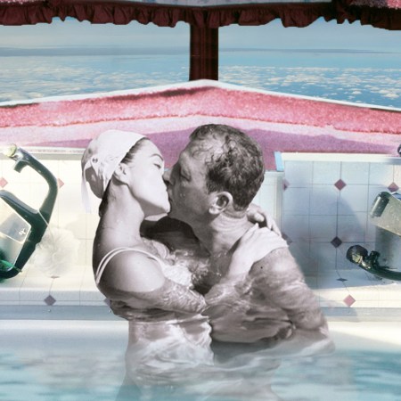 A man and a woman kissing in the cockpit of an airplane, shown in an illustration
