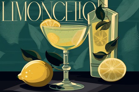 an illustration of a bottle and glass of limoncello with fresh lemons
